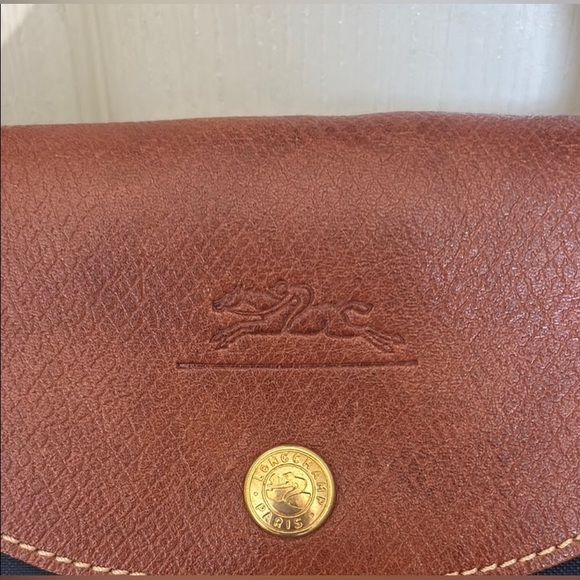 NWT Ladies LONGCHAMP Large Navy Blue Nylon Brown Leather Monogram Handbag - Picture 1 of 9